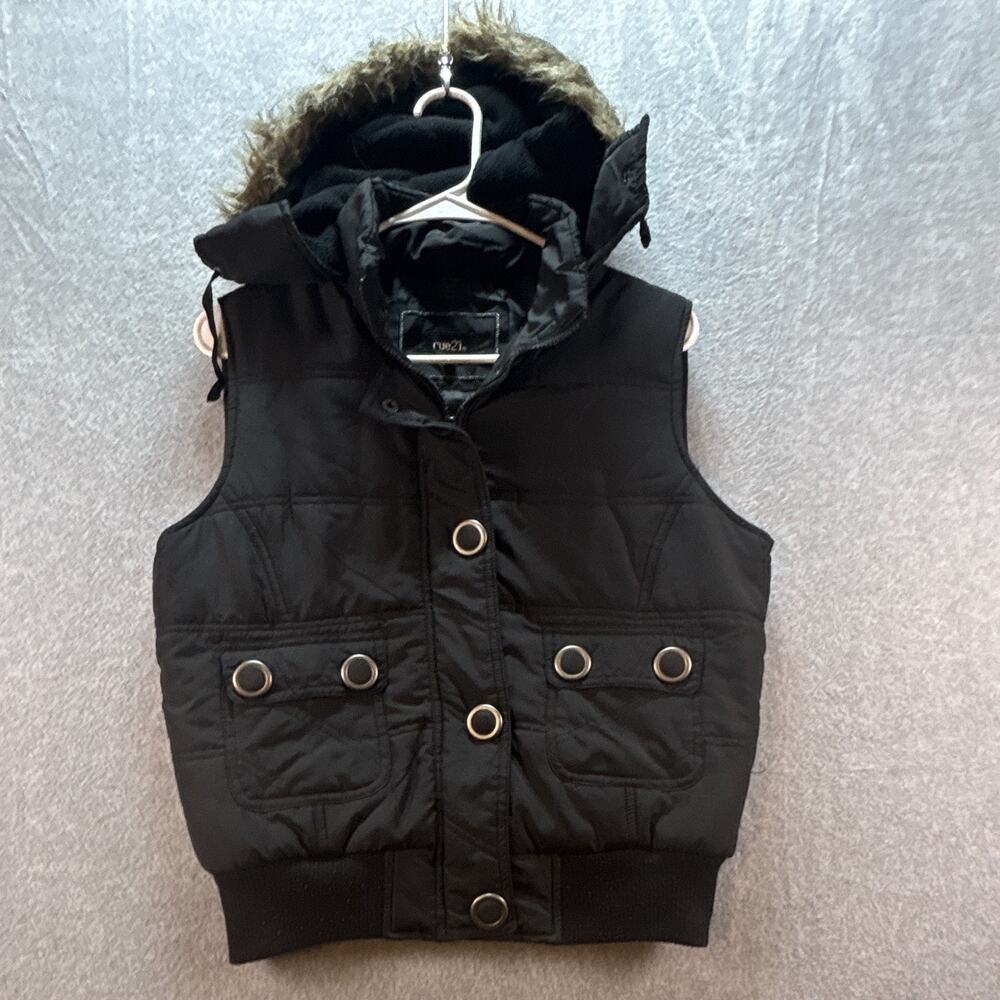 rue21 Women's Black Hooded Puffer Vest Faux Fur Trim Lined Pockets Sz L